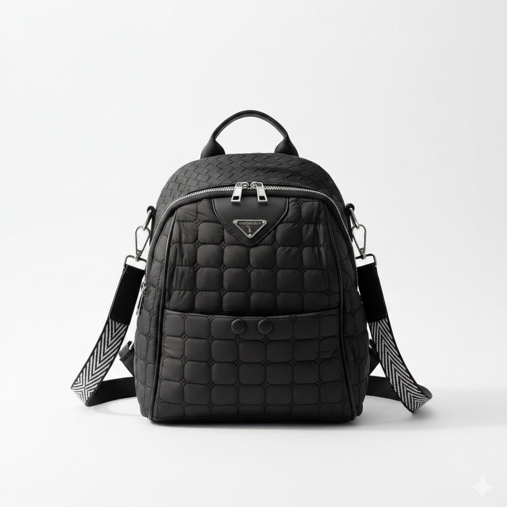 Black Quilted Backpack – White Background Studio Shot